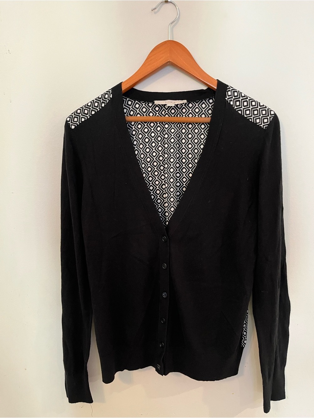 LOFT Black Cardigan with Black-and-White Geometric Trim